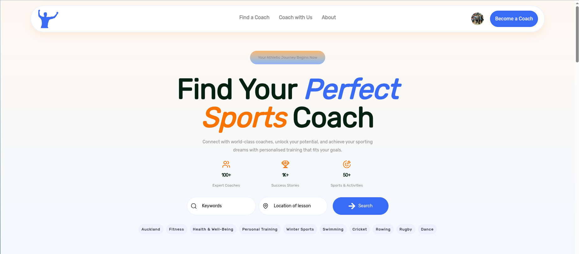 Find Me a Coach homepage hero with search for sports coaches